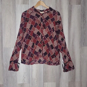 🛍Apostrophe Womens L Red Purple Floral‎ Sheer Button Up Bell Sleeve Gauze Top